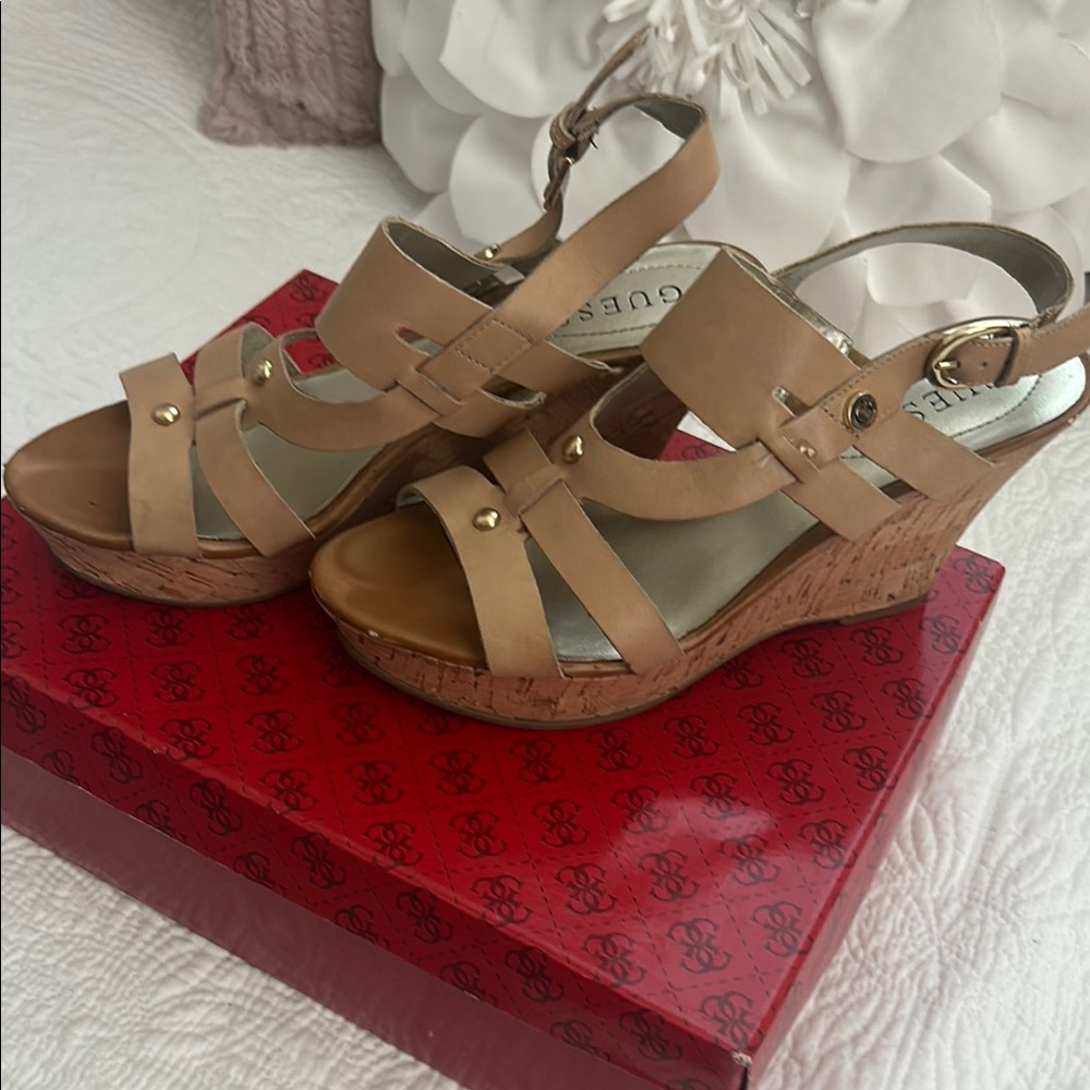 Guess Tan Strappy Wedge Sandals